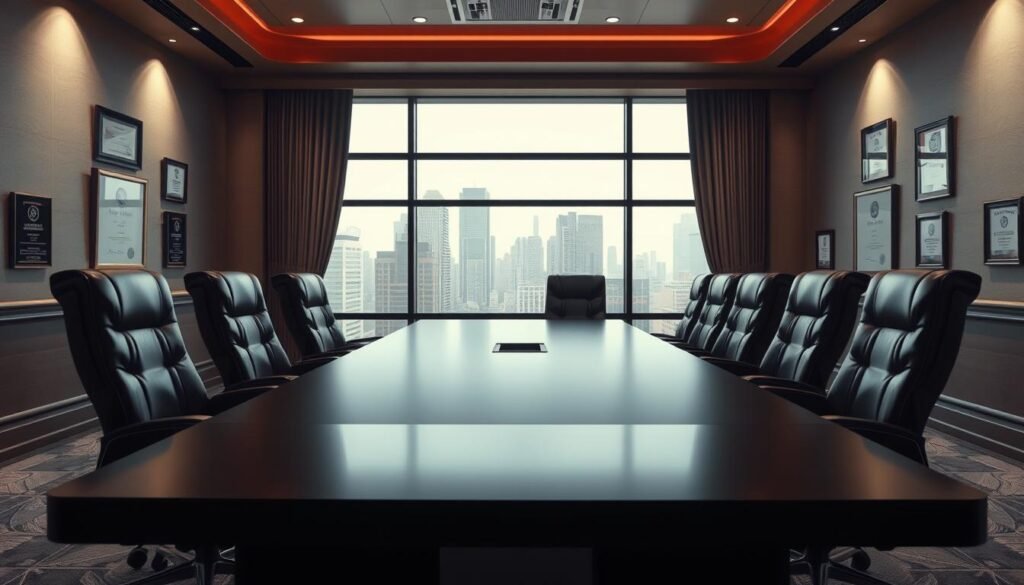 A well-lit, three-dimensional scene depicting a corporate governance posture. In the foreground, a boardroom table with high-backed leather chairs, signifying authority and decision-making. Behind the table, a panoramic window overlooking a cityscape, symbolizing the broader scope of influence. Soft, directional lighting casts shadows, creating a sense of gravitas and seriousness. The walls are adorned with framed certificates and awards, conveying a history of responsible oversight. An air of professionalism and attention to detail permeates the space, reflecting the importance of robust governance practices.