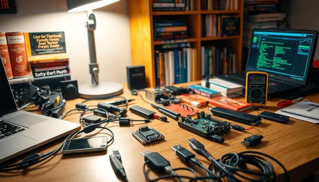 A well-lit workbench in a cozy home office, showcasing an assortment of beginner-friendly hacking tools. In the foreground, a laptop, a smartphone, and a Raspberry Pi nestled among cables and adapters. In the middle ground, various USB drives, network dongles, and a compact multimeter. The background depicts a bookshelf filled with cybersecurity and programming guides, creating an atmosphere of learning and exploration. Soft, warm lighting casts a subtle glow, conveying a sense of focused productivity and a welcoming environment for the aspiring hacker.