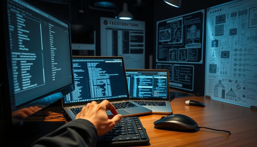 A well-lit workspace with a desktop computer, keyboard, and mouse prominently displayed. In the foreground, a technician's hands carefully navigate through file directories on the screen, restoring critical data. The middle ground features an open laptop displaying detailed system logs, while the background showcases technical diagrams and network infrastructure diagrams, conveying the comprehensive nature of the restoration process. The scene exudes a sense of focused professionalism, with subtle ambient lighting and a neutral color palette to emphasize the gravity of the task at hand. A well-lit workspace with a desktop computer, keyboard, and mouse prominently displayed. In the foreground, a technician's hands carefully navigate through file directories on the screen, restoring critical data. The middle ground features an open laptop displaying detailed system logs, while the background showcases technical diagrams and network infrastructure diagrams, conveying the comprehensive nature of the restoration process. The scene exudes a sense of focused professionalism, with subtle ambient lighting and a neutral color palette to emphasize the gravity of the task at hand.