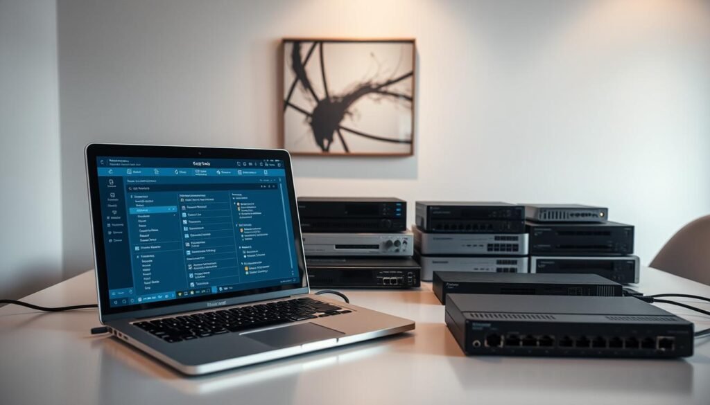 A well-lit workspace with an array of network equipment and diagnostic tools laid out on a clean, minimalist desk. In the foreground, a laptop screen displays a network scanning interface, showcasing various options and configurations. In the middle ground, several network devices, including routers, switches, and security appliances, are arranged neatly. The background features a simple, elegant wall with a tasteful piece of abstract art, creating a professional and serene atmosphere. Subtle shadows and highlights accentuate the textures and materials, while the overall lighting is soft and balanced, emphasizing the importance of careful consideration when choosing a network scanning tool.