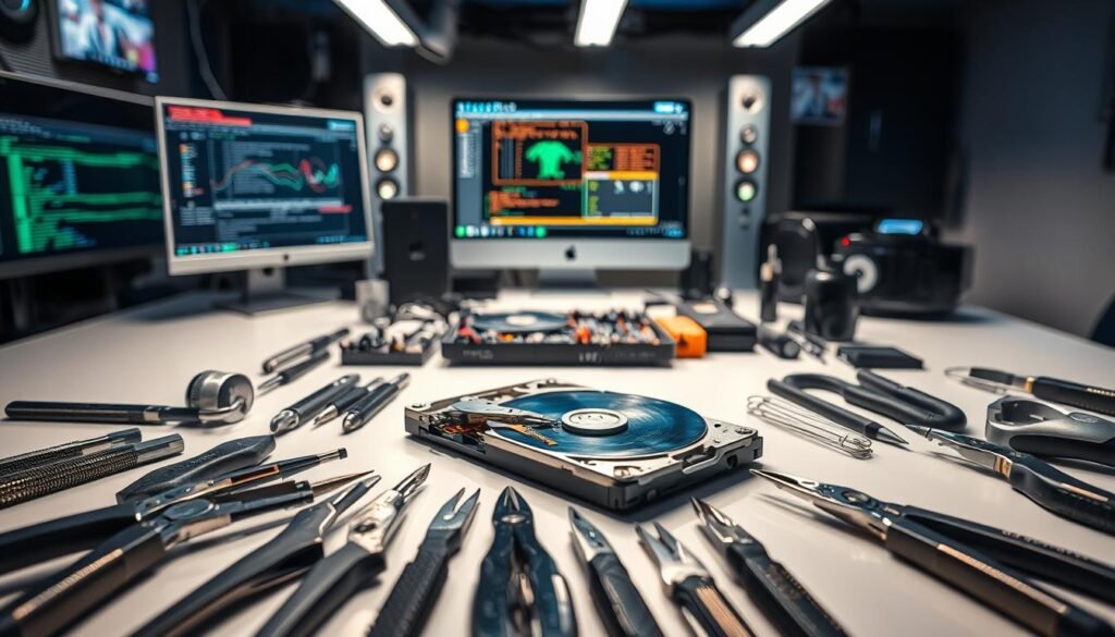 A well-lit workspace with an assortment of custom recovery tools meticulously arranged on a clean, minimalist table. In the foreground, an array of specialized screwdrivers, pliers, and precision instruments glimmer under a soft, directional light, casting subtle shadows. The middle ground features a disassembled hard drive, its inner components exposed, ready for expert examination. In the background, a sleek, professional-grade data recovery station, complete with high-resolution monitors and state-of-the-art diagnostics software, sets the stage for a technological haven dedicated to defeating the challenges of modern ransomware. A well-lit workspace with an assortment of custom recovery tools meticulously arranged on a clean, minimalist table. In the foreground, an array of specialized screwdrivers, pliers, and precision instruments glimmer under a soft, directional light, casting subtle shadows. The middle ground features a disassembled hard drive, its inner components exposed, ready for expert examination. In the background, a sleek, professional-grade data recovery station, complete with high-resolution monitors and state-of-the-art diagnostics software, sets the stage for a technological haven dedicated to defeating the challenges of modern ransomware.