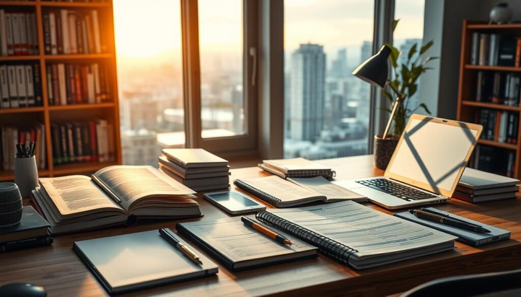A well-organized study framework for cybersecurity, with a desk surface showcasing various resources like textbooks, a laptop, and a planner. The lighting is warm and gentle, creating a focused yet relaxed atmosphere. The background features a bookshelf with relevant titles, and a window overlooking a serene cityscape, suggesting a balance between work and personal well-being. The overall composition conveys a sense of structure, discipline, and a sustainable approach to preparing for cybersecurity exams.