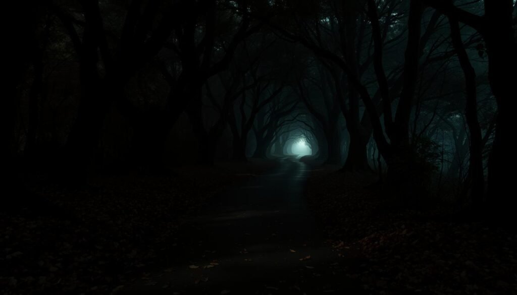 A winding, ominous path leading into the unknown, the shadows cast by towering trees creating an air of mystery and unease. The ground is littered with fallen leaves, the path barely visible, beckoning the viewer to venture forth. In the distance, a faint light glimmers, hinting at a destination, yet the path is shrouded in uncertainty. The scene is imbued with a sense of foreboding, a metaphor for the treacherous nature of directory traversal exploits, where the unwary traveler may find themselves in unfamiliar and potentially dangerous territory.