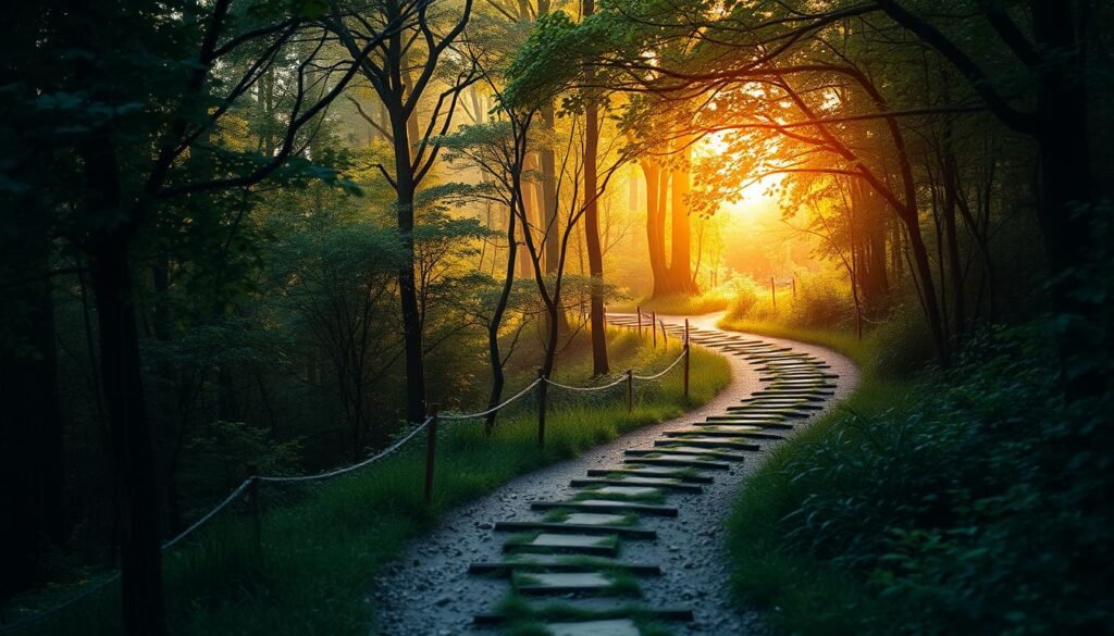 A winding path through a verdant landscape, leading the way towards a future in cybersecurity. The foreground features a well-defined trail, dotted with signposts and mile markers, guiding the viewer on a step-by-step journey. The middle ground showcases a lush forest canopy, casting dappled shadows and creating a sense of depth and exploration. The background is illuminated by a warm, golden glow, symbolizing the bright prospects that await those who take this transformative path. The lighting is soft and directional, accentuating the texture of the foliage and the smooth contours of the path. The camera angle is slightly elevated, providing a bird's-eye perspective and a sense of progress and progression.