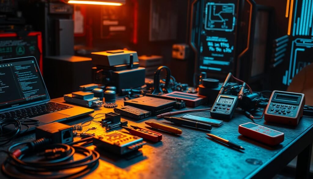 A workshop table with an organized array of cybersecurity tools, including a laptop, wireless network card, cable tester, multimeter, and various hacking utilities. The tools are illuminated by warm, focused lighting, casting dramatic shadows and highlighting their technical details. The background is a dimly lit, high-tech environment, with abstract digital patterns and a sense of technological sophistication. The overall composition conveys a sense of purpose, professionalism, and the powerful capabilities of an AI-enhanced security toolkit.