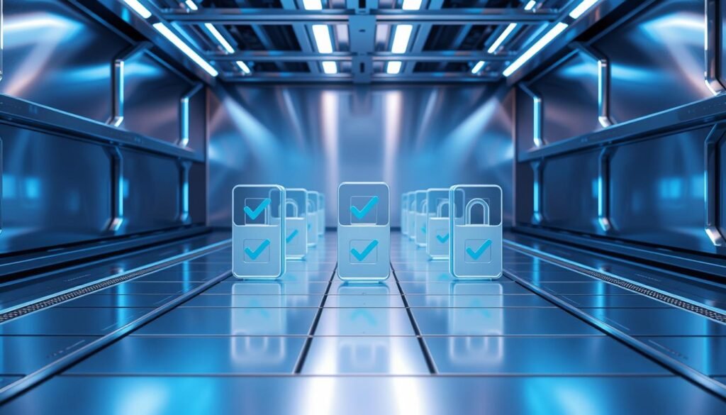 An array of digital security checkboxes floating in a metallic, high-tech environment. Sleek, minimalist design with a focus on the essential HTTPS security elements. Soft blue hues illuminate the scene, creating a sense of trust and reliability. The checkboxes are positioned in a strategic grid, emphasizing the systematic approach to ensuring a truly secure HTTPS configuration. Subtle reflections on the metallic surfaces add depth and sophistication to the image. The overall atmosphere is one of professionalism, attention to detail, and a commitment to online safety.