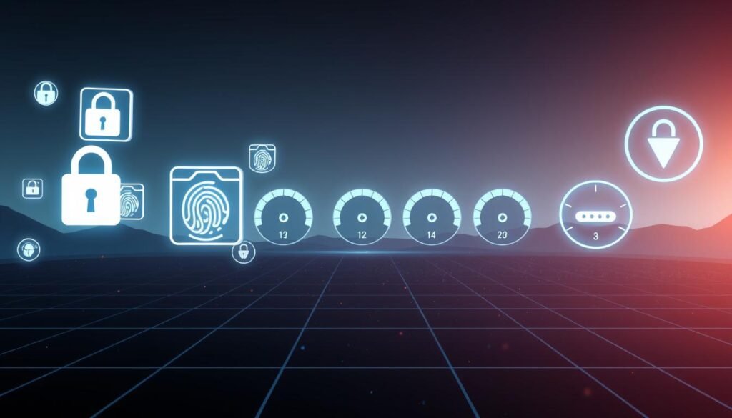 An array of password signs floating in a sleek, minimalist digital space. The foreground features various password icons, including a classic lock symbol, a fingerprint, and a two-factor authentication badge, all rendered in a clean, stylized aesthetic. The middle ground showcases a series of password meters, visually representing the strength and complexity of different password types. The background is a muted, gradient-based digital landscape, evoking a sense of cyber security and online protection. The overall mood is one of technological sophistication, emphasizing the importance of robust password practices in the digital age. Bright, directional lighting accentuates the three-dimensional depth and highlights the key password elements. An array of password signs floating in a sleek, minimalist digital space. The foreground features various password icons, including a classic lock symbol, a fingerprint, and a two-factor authentication badge, all rendered in a clean, stylized aesthetic. The middle ground showcases a series of password meters, visually representing the strength and complexity of different password types. The background is a muted, gradient-based digital landscape, evoking a sense of cyber security and online protection. The overall mood is one of technological sophistication, emphasizing the importance of robust password practices in the digital age. Bright, directional lighting accentuates the three-dimensional depth and highlights the key password elements.