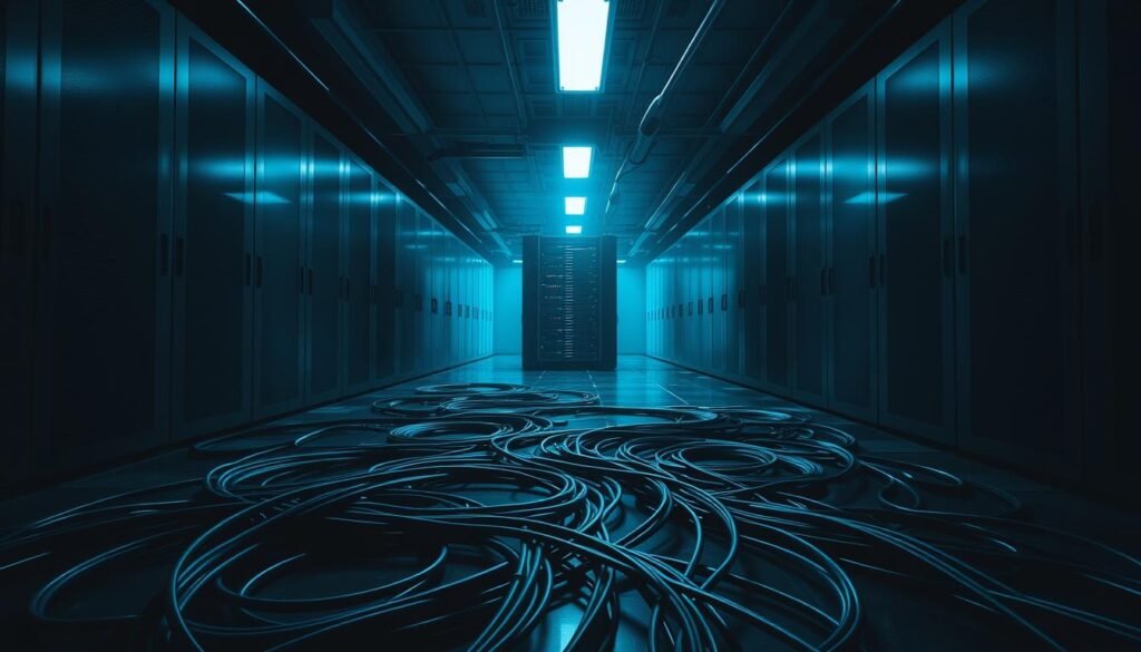 An expansive and dimly-lit server room, with a winding path of network cables snaking across the floor, leading the viewer's eye towards a looming server rack in the distance. The path is partially obscured by shadows, suggesting the hidden dangers of directory traversal vulnerabilities. Overhead, the harsh fluorescent lighting casts long shadows, creating a sense of depth and mystery. The scene is imbued with a somber, technical atmosphere, reflecting the serious nature of the exploitation being explored in the article.