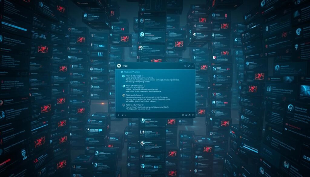 An expansive, dimly lit Telegram chat interface, with countless group windows stacked in a labyrinthine arrangement. The foreground features a central group window, its screen illuminated with cryptic messages and symbols exchanged by anonymous users. The middle ground showcases a mosaic of other group windows, each pulsing with activity and a sense of digital intimacy. The background fades into a hazy, neon-tinged landscape, hinting at the larger ecosystem of encrypted messaging platforms that facilitate the clandestine exchange of information and commerce across the dark web. The scene evokes a sense of covert communication, technological intrigue, and the complex interplay between technology, anonymity, and underground communities.