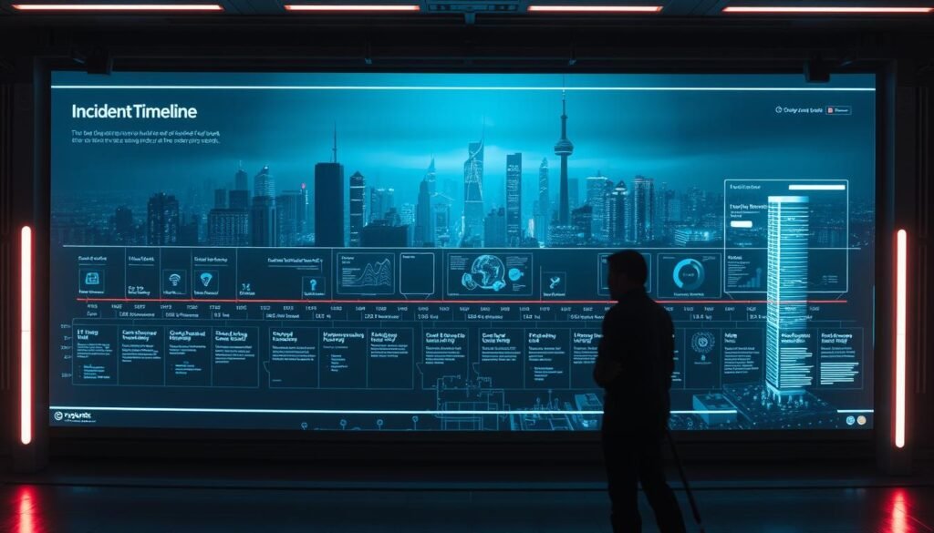 An expansive incident timeline projected on a large, futuristic display panel. The foreground features a precise chronological sequence of events, with key milestones and timestamps rendered in a clean, minimalist data visualization style. The middle ground showcases detailed information graphics and analytics, offering deep insights into the unfolding cybersecurity incident. In the background, a cityscape of skyscrapers and technology infrastructure serves as an ominous backdrop, casting an eerie glow over the scene. The overall mood is one of urgency, precision, and the weight of a high-stakes security breach. Dramatic lighting casts sharp shadows, creating a sense of drama and tension. The camera angle is slightly elevated, giving the viewer a sense of observing the timeline from an authoritative, command-center perspective.
