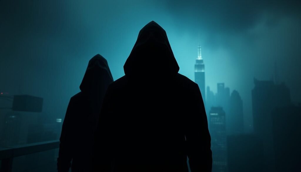 An image of powerful, enigmatic figures in an eerie, dimly lit environment, conveying the mystery and threat of the "Guardians of Peace". In the foreground, three hooded silhouettes stand united, their faces obscured in shadow. A faint blue glow emanates from behind them, casting an unsettling atmosphere. In the middle ground, a dystopian cityscape looms, hinting at the scale of their influence. The background is shrouded in a hazy, atmospheric mist, adding to the sense of foreboding. The lighting is dramatic, with sharp contrasts between light and dark, emphasizing the secretive and ominous nature of the guardians. The overall mood is one of unease and apprehension, reflecting the enigmatic demands of this mysterious group.