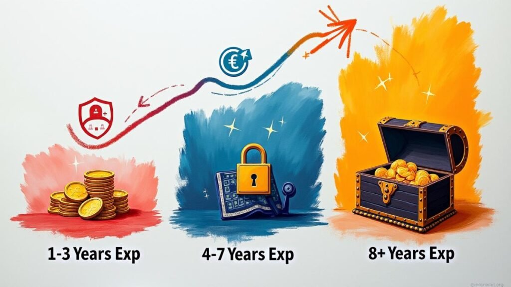 An infographic showing how salary potential in cybersecurity grows with the combination of years of experience and progressively advanced certifications
