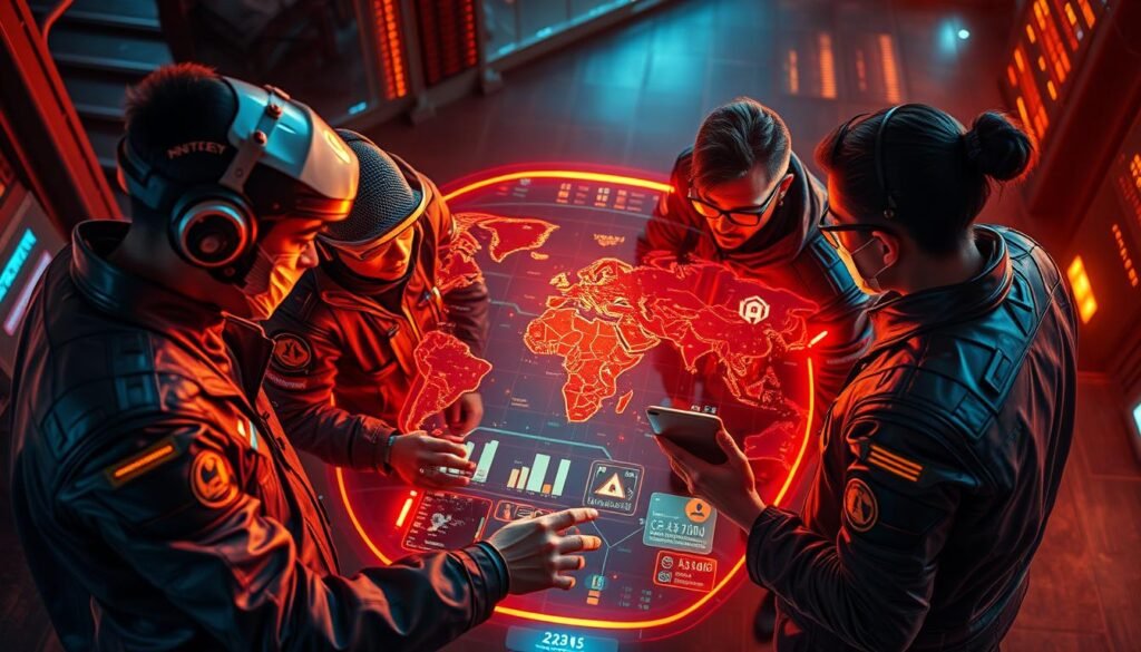 An international team of cybersecurity experts, clad in sleek, high-tech gear, collaborates intently around a large holographic display. Glowing data streams and interactive maps illuminate the cross-border nature of their investigation. Warm, focused lighting creates an atmosphere of determination and professionalism as they work in harmony to track down a notorious cybercriminal. The camera angle provides a bird's-eye view, emphasizing the global scale and interconnectedness of their cooperative mission to safeguard digital borders and keep the world secure. An international team of cybersecurity experts, clad in sleek, high-tech gear, collaborates intently around a large holographic display. Glowing data streams and interactive maps illuminate the cross-border nature of their investigation. Warm, focused lighting creates an atmosphere of determination and professionalism as they work in harmony to track down a notorious cybercriminal. The camera angle provides a bird's-eye view, emphasizing the global scale and interconnectedness of their cooperative mission to safeguard digital borders and keep the world secure.