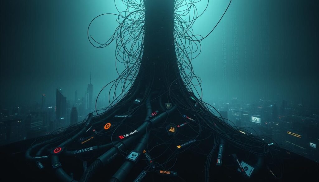 An intricately woven structure of anonymous online activism, emerging from the chaotic depths of 4chan. In the foreground, a tangle of symbols, logos, and digital iconography - the hallmarks of the movement. Cascading through the middle ground, a labyrinth of interconnected networks, message boards, and encrypted channels. In the background, a stark, minimalist landscape of binary code and glowing digital artifacts, conveying the sense of a decentralized, ever-evolving entity. Dramatic high-contrast lighting accentuates the shadowy, clandestine nature of the scene, while a wide-angle lens captures the sprawling, complex nature of the "structure" at the heart of this cyber revolution.