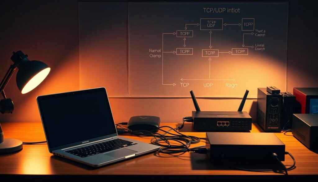 An office desk with a laptop, network cables, and various networking devices, including a router, switch, and modem. The desk is illuminated by a warm, focused light, casting shadows that accentuate the technical details. In the background, a schematic diagram depicting the flow of TCP/UDP communication between the devices, emphasizing the versatility and interconnectivity of Netcat as the "Swiss Army Knife" of networking tools. The overall atmosphere is one of professionalism, technical mastery, and the importance of Netcat in a sysadmin's toolkit. An office desk with a laptop, network cables, and various networking devices, including a router, switch, and modem. The desk is illuminated by a warm, focused light, casting shadows that accentuate the technical details. In the background, a schematic diagram depicting the flow of TCP/UDP communication between the devices, emphasizing the versatility and interconnectivity of Netcat as the "Swiss Army Knife" of networking tools. The overall atmosphere is one of professionalism, technical mastery, and the importance of Netcat in a sysadmin's toolkit.