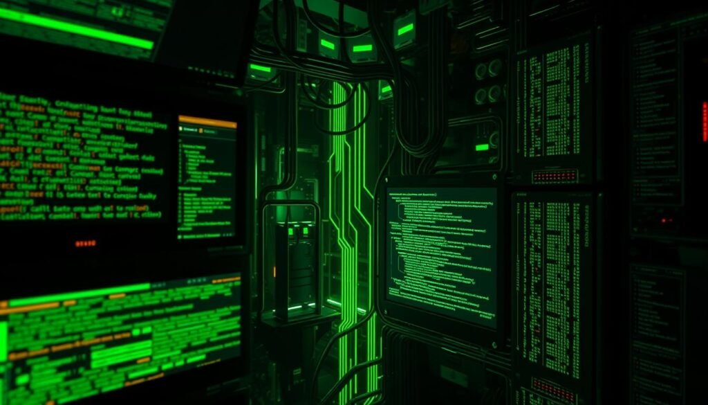 An ominous close-up view of a complex network of digital circuitry and data streams, illuminated by an eerie green glow. Intricate lines of code cascade across multiple screens, hinting at the inner workings of a sophisticated zero-day exploit. The scene exudes an atmosphere of danger and technical complexity, conveying the sophisticated nature of the threat. Shadows cast by the hardware lend a sense of depth and foreboding, while the overall composition suggests the hidden, invasive nature of the attack. The image captures the essence of a live zero-day exploit in action, reflecting the technical details and ominous implications of the section title.