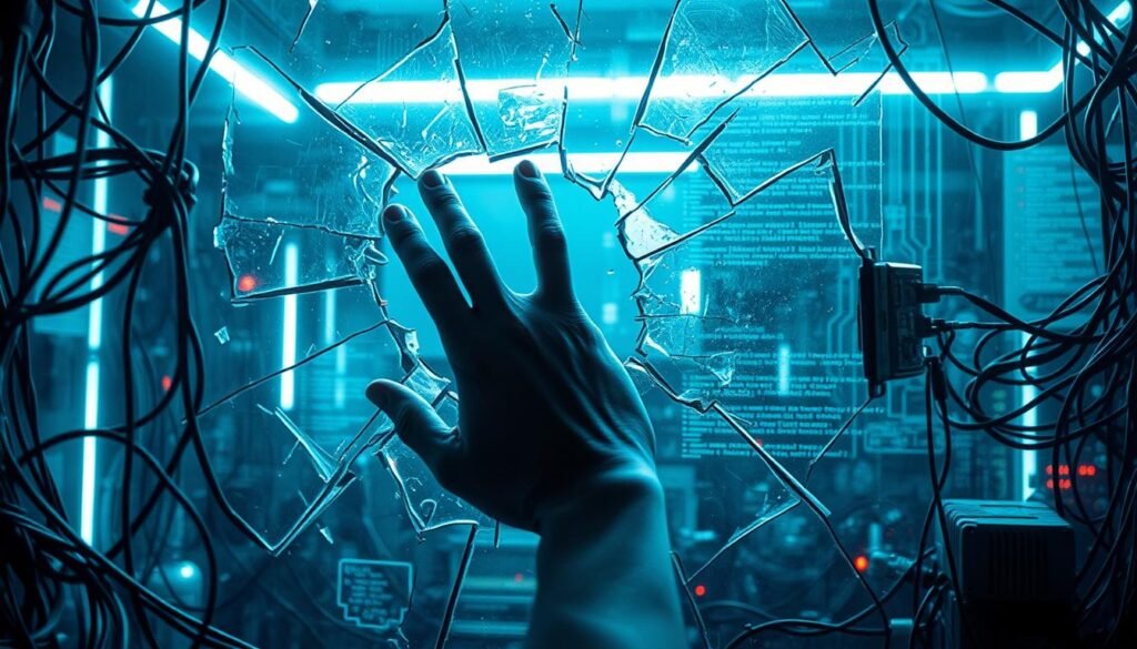An ominous glitch in the digital landscape, a shattered window into a secure system. A disembodied hand reaching through a fractured interface, manipulating the digital controls with precision. Harsh fluorescent lighting casts eerie shadows, creating a sense of unease and vulnerability. The background is a maze of tangled wires, circuit boards, and fragmented code, hinting at the complex infrastructure that has been compromised. The overall atmosphere is one of tension and unease, conveying the gravity of a broken access control exploit.
