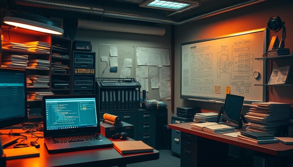 An organized office workspace with a neatly arranged array of devices, tools, and documents, illuminated by warm, directional lighting that casts subtle shadows, creating a sense of depth and structure. In the foreground, a laptop and a tablet display various software interfaces, while in the middle ground, a filing cabinet and shelves hold labeled folders and manuals. In the background, a large whiteboard displays diagrams and notes, reflecting the meticulous planning and attention to detail required for a comprehensive asset inventory assessment. The overall scene conveys a professional, methodical, and security-conscious atmosphere, suitable for illustrating the "Pre-Audit Readiness: Scope, Risk, and Asset Inventory" section of the article. An organized office workspace with a neatly arranged array of devices, tools, and documents, illuminated by warm, directional lighting that casts subtle shadows, creating a sense of depth and structure. In the foreground, a laptop and a tablet display various software interfaces, while in the middle ground, a filing cabinet and shelves hold labeled folders and manuals. In the background, a large whiteboard displays diagrams and notes, reflecting the meticulous planning and attention to detail required for a comprehensive asset inventory assessment. The overall scene conveys a professional, methodical, and security-conscious atmosphere, suitable for illustrating the "Pre-Audit Readiness: Scope, Risk, and Asset Inventory" section of the article.