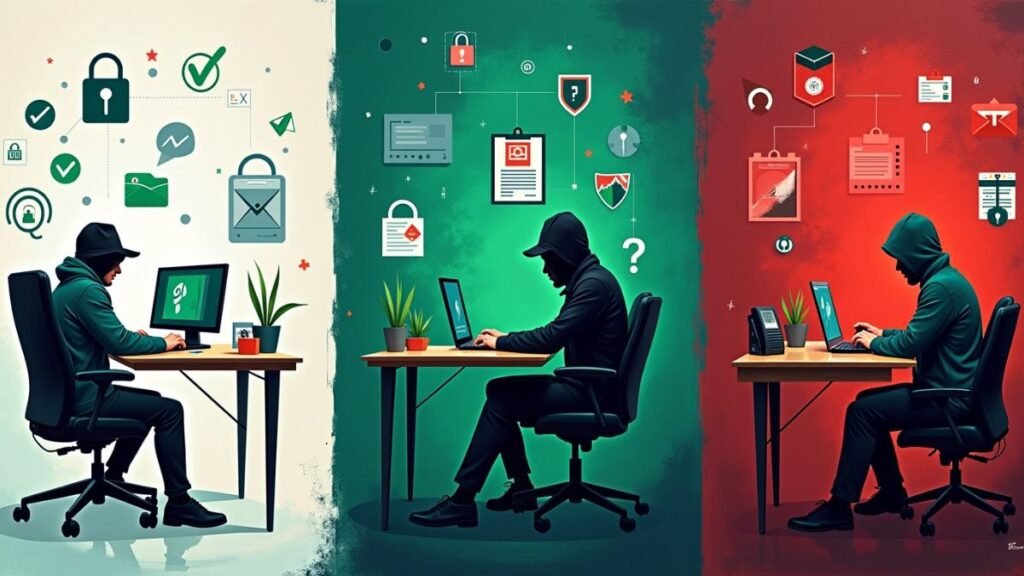 Comparative illustration of white, gray, and black hat hacker archetypes with key traits
