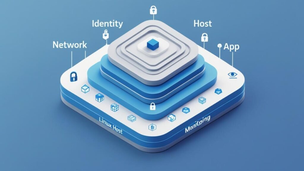 Defense-in-depth layers around a Linux server.