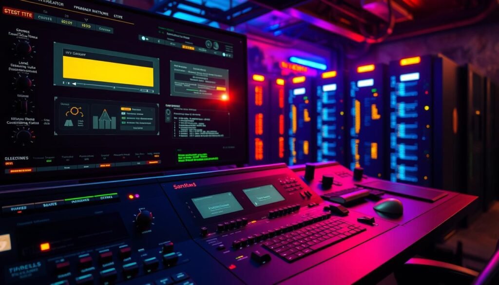 Detailed Linux server control panel, illuminated by warm ambient lighting and focused on the most crucial security settings. The foreground features toggle switches, dials, and sliders governing user access, firewall rules, intrusion detection, and encryption protocols. The middle ground showcases a sleek, minimal interface with icons and indicators monitoring system health and threat levels. In the background, a series of server racks and blinking status lights convey the enterprise-grade infrastructure powering this secure home lab setup.
