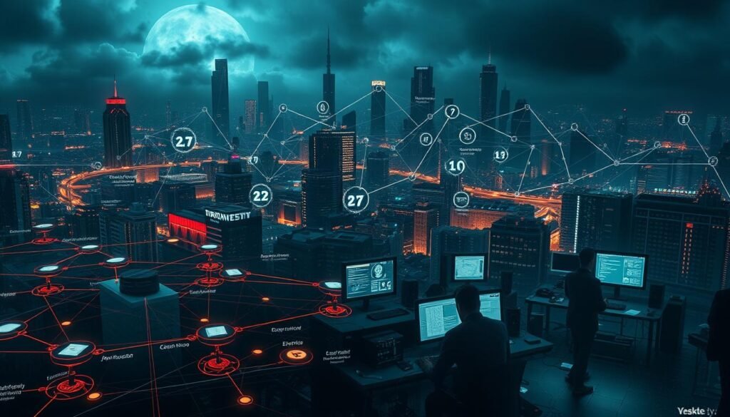 Detailed cybersecurity landscape depicting key methodologies in threat hunting. In the foreground, a network diagram showcases various detection and analysis techniques, such as behavioral analytics, threat intelligence, and incident response. The middle ground features a team of analysts intently examining data visualizations and threat indicators on their workstations, surrounded by a complex web of threat vectors. In the background, a dark, ominous cityscape symbolizes the ever-evolving cyber threats, lit by the glow of monitors and the pulsing of security dashboards. Cinematic lighting casts dramatic shadows, conveying the high-stakes, intense nature of the threat hunting process. Rendered in a photorealistic style with a sense of tension and urgency.