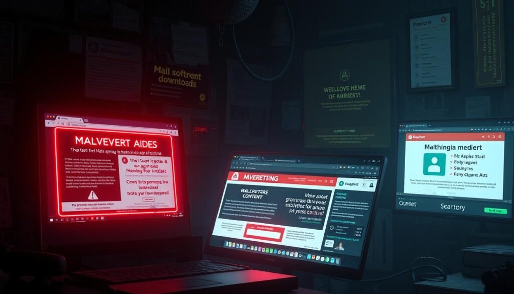 Detailed digital illustration of malvertising examples. A dimly lit, gritty computer desktop with various browser windows and pop-up ads displaying misleading content, scams, and fake software downloads. Glowing neon-colored malicious ads stand out against the muted, cluttered digital environment. The overall scene conveys a sense of danger and unease, highlighting the insidious nature of malvertising campaigns. Realistic textures, high contrast lighting, and a slightly distorted camera angle create an immersive, unsettling atmosphere.