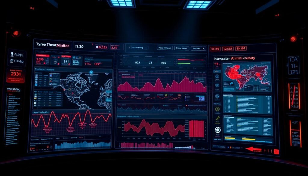 Detailed real-time cyber threat monitoring dashboard with dynamic threat map, event timeline, and anomaly detection visualizations. Sleek futuristic interface with holographic displays, pulsing data streams, and glowing cybersecurity analytics. Dramatic studio lighting from above casts dramatic shadows, creating a high-tech, high-stakes atmosphere. Seamless integration of threat intelligence, machine learning, and intelligent response workflows. Emphasis on rapid detection, investigation, and remediation of emerging cyber attacks.