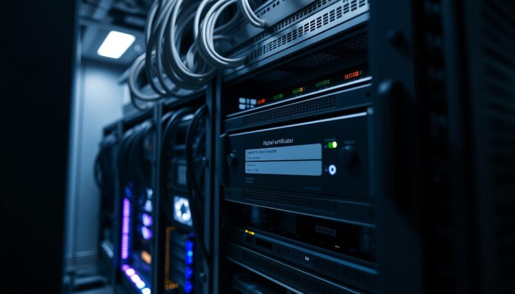 Detailed studio photograph of a modern web server rack, with a digital certificate securely deployed and integrated into the server configuration. The server chassis is sleek and metallic, with neatly organized cables and components. The lighting is soft and diffused, creating a sense of professionalism and technical prowess. The frame is angled to showcase the server's front panel, highlighting the SSL/TLS certificate deployment and the overall secure network setup. The atmosphere conveys a confident, well-executed HTTPS configuration, ready to safeguard sensitive web applications and data.