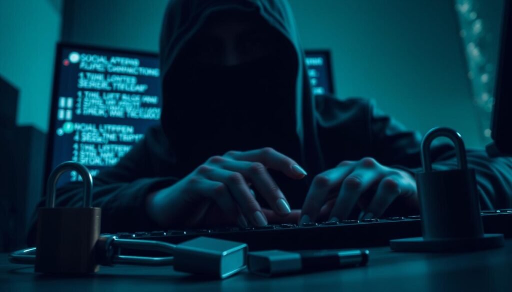 Dramatic close-up of a dark-hooded figure conducting a social engineering attack, with a computer screen displaying various hacking tools and techniques in the background. The scene is lit with a sinister blue-green hue, casting eerie shadows and creating a sense of unease. The figure's hands are carefully manipulating the keyboard, their face obscured, exuding an aura of calculated malice. In the foreground, a set of lock picking tools and a USB drive hint at the methods employed in this stealthy cyber intrusion. The overall atmosphere evokes the tension and vulnerability of falling victim to a sophisticated social engineering scheme.