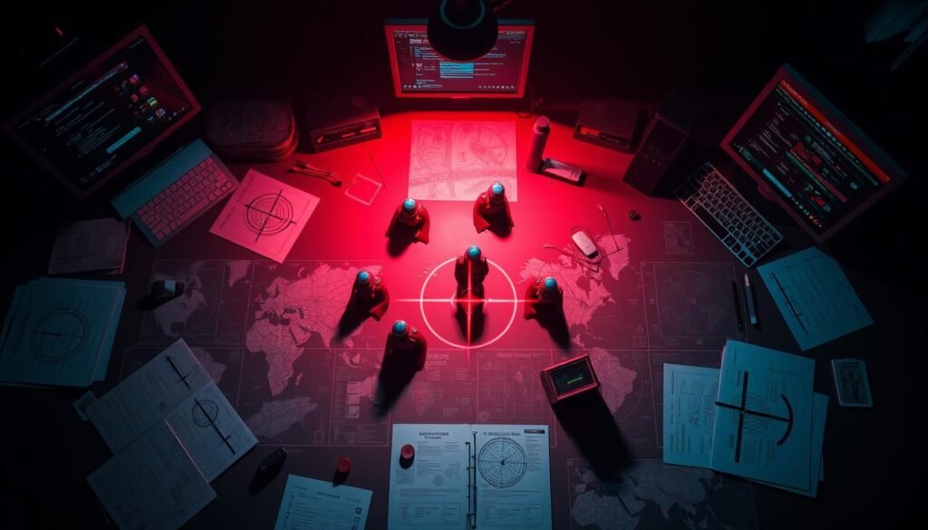 Dramatic overhead shot of a dimly lit war room table, with various tactical maps, computer screens, and dossiers scattered across the surface. In the center, several 3D printed models of cybercriminal targets, each marked with a red crosshair. Casting an ominous glow, a single spotlight illuminates the scene, emphasizing the intensity and focus of the high-stakes hunt. A sense of determination and resolve permeates the atmosphere, hinting at the relentless pursuit of the elusive cybercrime mastermind.