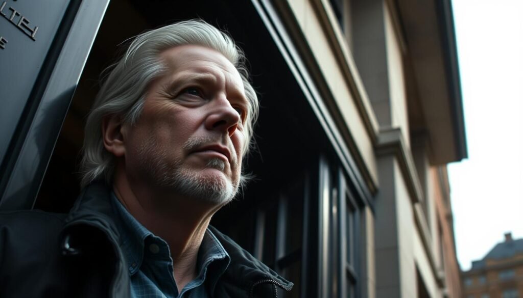 Dramatic scene of Julian Assange emerging from the Ecuadorian embassy in London after 7 years of asylum, gazing into the bright daylight with a pensive expression. The building's imposing facade looms in the background, contrasted by the open sky above. Muted tones and a sense of tension permeate the image, conveying the gravity of Assange's long-awaited release and the uncertain future that lies ahead. Dramatic lighting illuminates Assange's face, casting deep shadows that hint at the challenges he has faced. The overall atmosphere evokes a moment of transition, a pivotal shift in the saga of this controversial figure. Dramatic scene of Julian Assange emerging from the Ecuadorian embassy in London after 7 years of asylum, gazing into the bright daylight with a pensive expression. The building's imposing facade looms in the background, contrasted by the open sky above. Muted tones and a sense of tension permeate the image, conveying the gravity of Assange's long-awaited release and the uncertain future that lies ahead. Dramatic lighting illuminates Assange's face, casting deep shadows that hint at the challenges he has faced. The overall atmosphere evokes a moment of transition, a pivotal shift in the saga of this controversial figure.