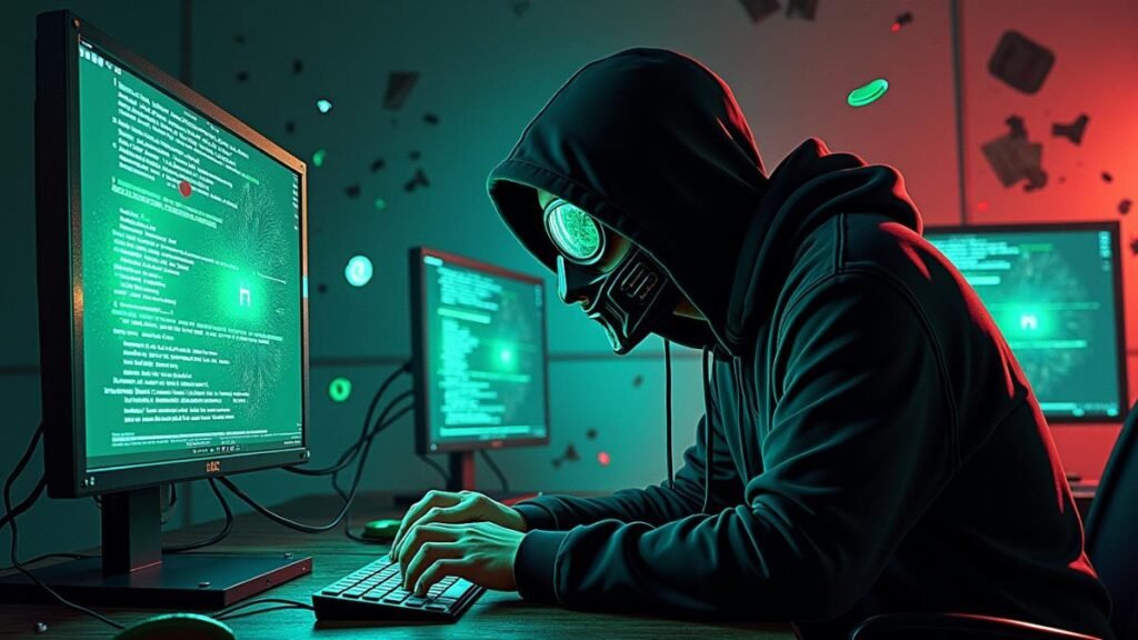 Dynamic scene of black hat hacker deploying social engineering and technical exploits