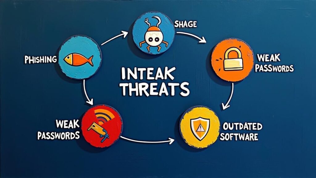 Infographic showing the top 5 cybersecurity threats phishing, malware, weak passwords, unsecured Wi-Fi, and outdated software