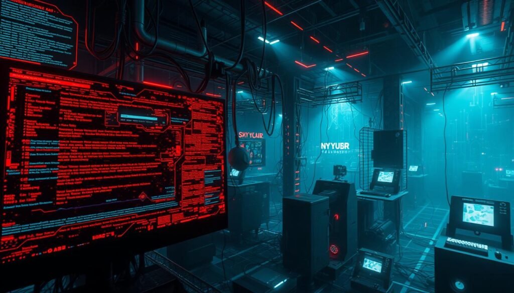 Intricate digital landscape showcasing the telltale signs of malware and virus infections. In the foreground, a glitching, corrupted computer screen displays garbled data and error messages. Surrounding it, a tangled web of malicious code, pulsing lines, and ominous digital artifacts. In the middle ground, a network of connected devices experiences rapid, unsettling changes - flickering lights, scrambled displays, and erratic behavior. The background is shrouded in an eerie, technological haze, conveying a sense of widespread digital disruption. Dramatic lighting accentuates the foreboding atmosphere, with shafts of ominous red and blue illumination cutting through the gloom. Captured with a wide-angle lens to heighten the sense of scale and immersion.