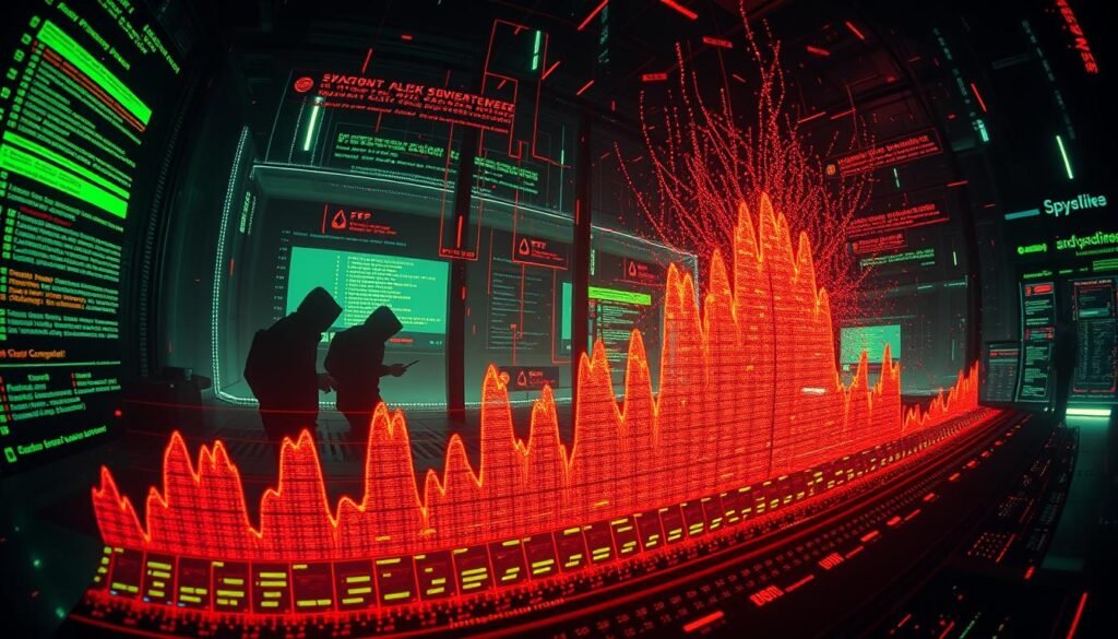 Minute-by-minute botnet attack: a surreal digital onslaught on a website, with swarms of malicious connections cascading across a glowing server interface. In the foreground, a pulsing graph charts the exponential rise in traffic, colors shifting from calm green to alarm-red as the website's defenses are overwhelmed. In the middle ground, abstract digital silhouettes of hackers orchestrate the attack, their malicious code snaking through the network. The background is an ethereal, glitch-infused landscape of flashing error messages and corrupted data streams, conveying the chaotic intensity of the assault. Dramatic lighting casts dramatic shadows, while a fisheye lens distorts the scene, amplifying the sense of panic and urgency. Minute-by-minute botnet attack: a surreal digital onslaught on a website, with swarms of malicious connections cascading across a glowing server interface. In the foreground, a pulsing graph charts the exponential rise in traffic, colors shifting from calm green to alarm-red as the website's defenses are overwhelmed. In the middle ground, abstract digital silhouettes of hackers orchestrate the attack, their malicious code snaking through the network. The background is an ethereal, glitch-infused landscape of flashing error messages and corrupted data streams, conveying the chaotic intensity of the assault. Dramatic lighting casts dramatic shadows, while a fisheye lens distorts the scene, amplifying the sense of panic and urgency.