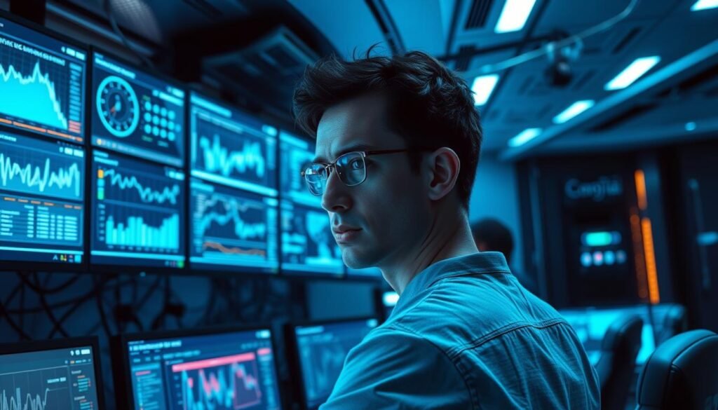 Monitoring data leaks: A high-tech control room with multiple monitors displaying real-time data analytics, cybersecurity dashboards, and network traffic visualizations. The scene is bathed in a cool, bluish hue from the screens, creating an atmosphere of vigilance and technical precision. In the foreground, a security analyst intently scrutinizes the data, their expression a mix of focus and concern. The background features a sleek, minimalist design with state-of-the-art hardware and interconnected systems, conveying a sense of the advanced technological infrastructure required to detect and respond to data breaches.