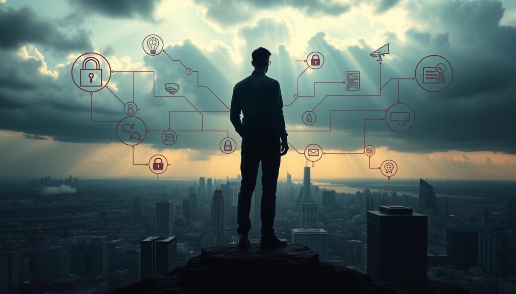 Panoramic view of a cybersecurity landscape, with a central figure representing an IT professional. In the foreground, various cybersecurity role icons and symbols, such as lock, firewall, and security camera, radiate outward, connecting to the central figure. The middle ground depicts a city skyline with data centers and server racks, symbolizing the IT infrastructure. The background showcases a cloudy, moody atmosphere, emphasizing the dynamic and ever-evolving nature of the cybersecurity field. Lighting is dramatic, with rays of light piercing through the clouds, illuminating the central figure and the interconnected cybersecurity roles. The scene conveys the seamless transition from IT skills to a thriving cybersecurity career.