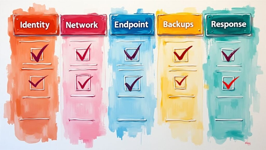 Poster-style mitigation checklist across identity, network, endpoint, backups, and response