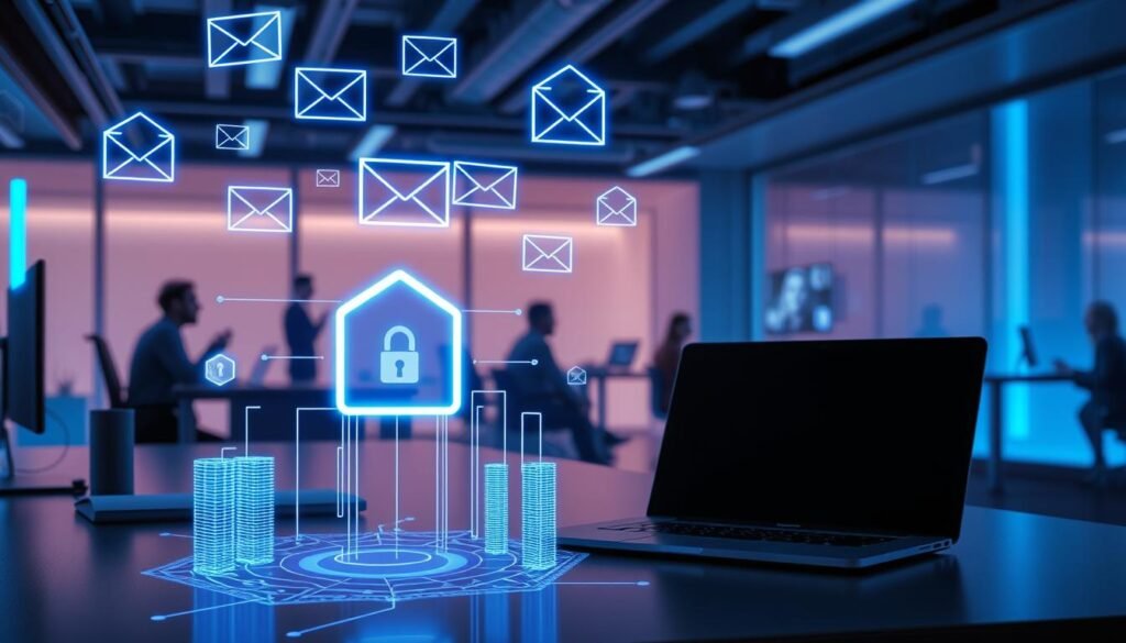 Prompt A sleek, modern office workspace with a laptop, smartphone, and various cybersecurity icons floating above, conveying the concept of advanced email security. The scene is bathed in a cool, blue-tinted lighting, creating a sense of technological sophistication. In the foreground, a sophisticated firewall diagram and encrypted data streams emerge, while in the background, silhouettes of people collaborating remotely via video conferencing. The overall atmosphere evokes a heightened awareness of digital privacy and the importance of robust email protection strategies.