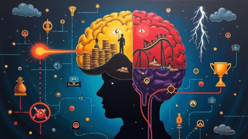 Surreal mind map of black hat hacker motivations divided into financial, thrill, revenge, and curiosity sections