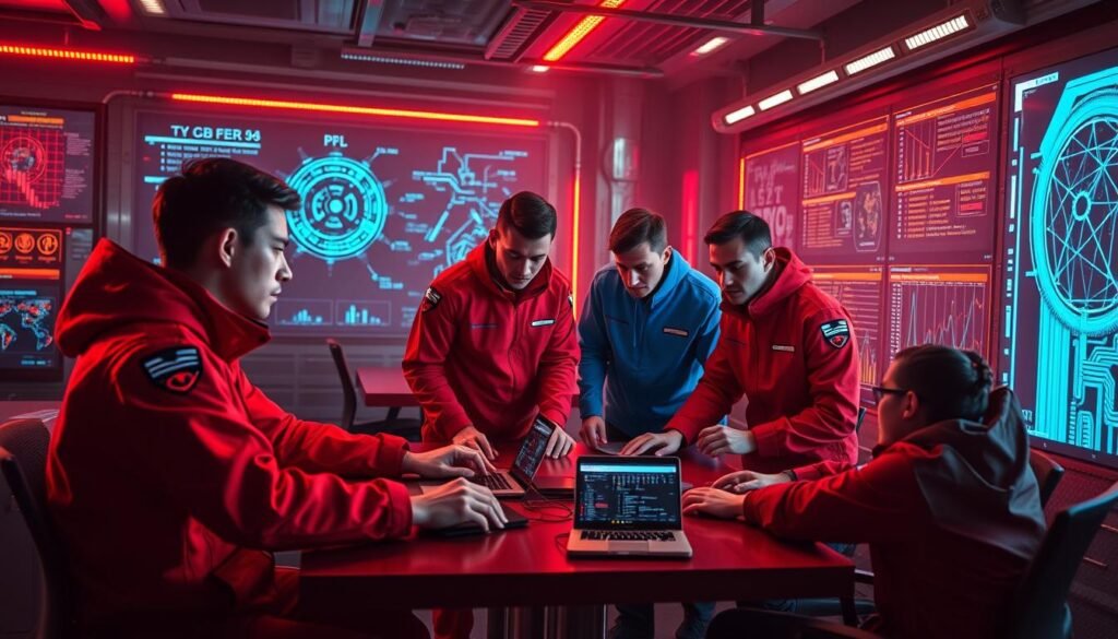 Two cybersecurity teams, one in red and one in blue, working collaboratively at a futuristic command center. The red team members, in bold crimson uniforms, analyze network traffic and detect potential threats, while the blue team, in sleek azure attire, respond swiftly to mitigate the risks. Holographic displays project intricate data visualizations, casting a warm, focused glow across the scene. The teams huddle around a central table, intense expressions on their faces as they share insights and strategize. Ambient lighting creates a sense of urgency and purpose, as the teams work in perfect harmony to secure the digital landscape.