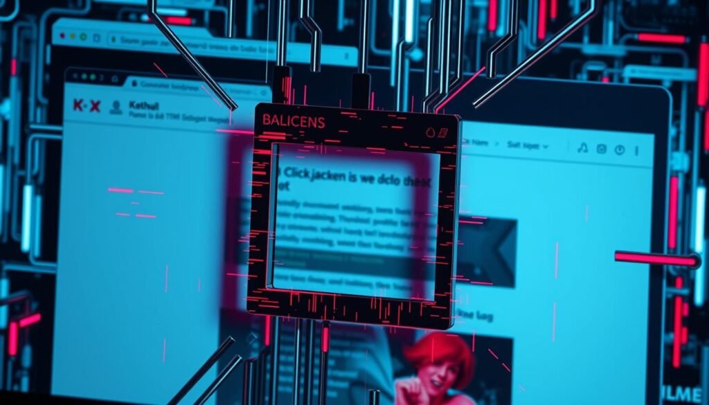 a complex digital interface with an HTML iframe element prominently displayed, overlaying a web browser window showing a malicious website. The iframe has a slightly distorted, glitchy appearance, hinting at the deceptive nature of the clickjacking attack. The web browser window in the background features a minimalist, neutral design to keep the focus on the iframe. Bright, high-contrast colors create a sense of urgency, while subtle shadows and depth cues add dimensionality. Lighting is dramatic, with a strong directional light source casting shadows and highlights that emphasize the 3D structure of the elements. The overall mood is one of digital intrusion and the unseen risks of online interactions.