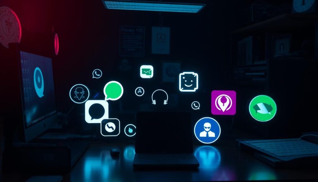 a dark, moody room with various encrypted messaging app icons and logos prominently displayed on a desk or table, surrounded by a desktop computer, smartphone, and other tech devices. the lighting is dramatic, with a mix of directional lighting and ambient shadows, creating a sense of mystery and secrecy. the overall atmosphere is one of privacy, security, and the need for digital anonymity. the composition emphasizes the importance of using encrypted messaging apps to maintain online privacy and safety.