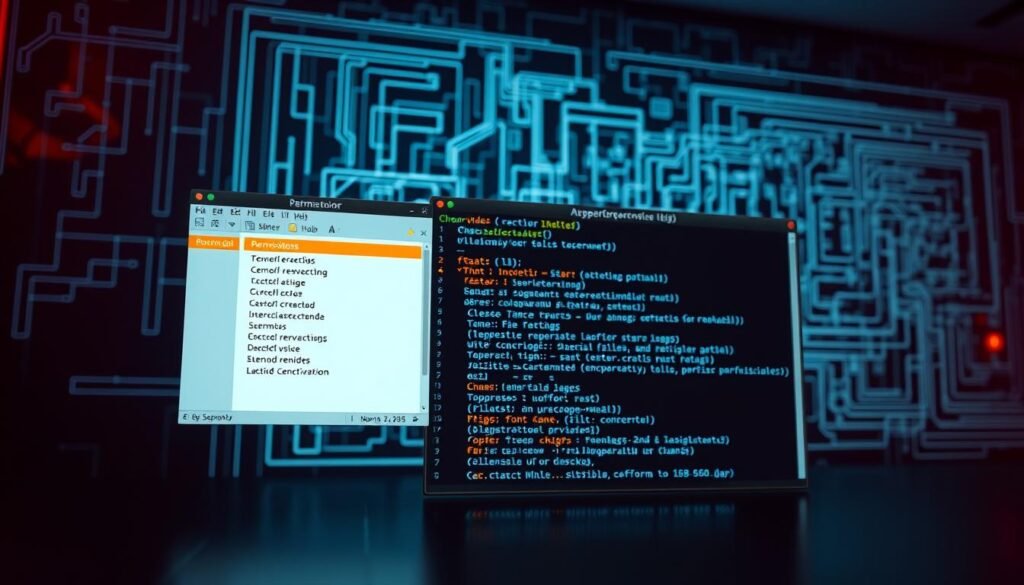 a detailed 3D rendered image of linux file and directory permissions, with a foreground showing a file explorer window displaying permission settings, a middle ground of a terminal window showing the chmod command and options, and a background of a stylized abstract blueprint or technical diagram of the unix file system structure, all rendered in a clean, technical, and slightly futuristic style with dramatic lighting, depth of field, and camera angles to emphasize the importance and complexity of linux security permissions