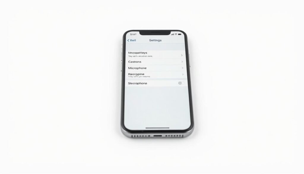 a detailed, highly realistic image of the iOS settings screen showing the microphone permissions section, rendered in a clean, minimalist style with a soft, muted color palette. The screen is placed in the center of the composition, with a clean, white background. The settings menu is clearly visible, with the "Microphone" option highlighted. The interface elements are crisp and legible, with subtle shadows and highlights to give depth and dimensionality. The overall mood is one of calm, focused attention, suitable for illustrating a technical guide on smartphone privacy and security.