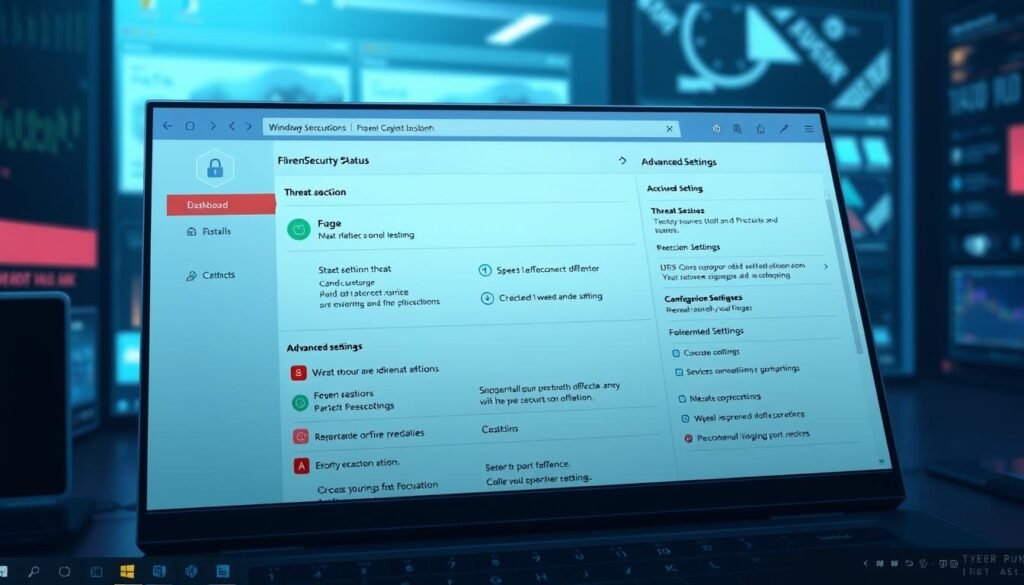 a detailed, realistic digital illustration of the Windows Security app interface, showcasing its main features and functionality. The interface is depicted in a clean, modern aesthetic with a neutral color palette, subtle gradients, and precise icons and typography. The foreground displays the main dashboard, highlighting security status, threat detection, and recommended actions. The middle ground shows the advanced settings and configuration options, conveying the depth and customizability of the app. The background subtly suggests the broader Windows desktop environment, with a blurred, out-of-focus view of windows, taskbar, and other UI elements. The lighting is soft and diffused, creating a calm, professional atmosphere. The perspective is slightly angled to provide a comprehensive, user-centric view of the interface.