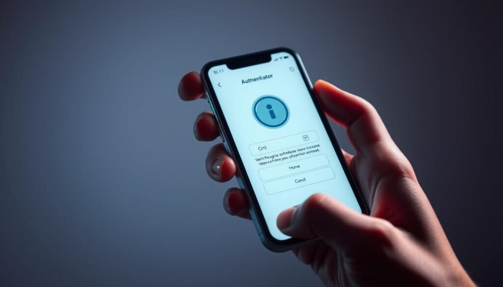 a detailed rendering of an authenticator app on a mobile device screen, set against a clean, minimal backdrop. The app interface should be crisp and visually appealing, with clear icons and user-friendly controls. The device should be held in a hand, suggesting a practical, real-world usage scenario. Soft, directional lighting should emphasize the tactile nature of the interaction, with subtle highlights and shadows to convey depth and dimensionality. The overall mood should be one of security, simplicity, and trustworthiness, reflecting the safer verification methods being highlighted in the article.