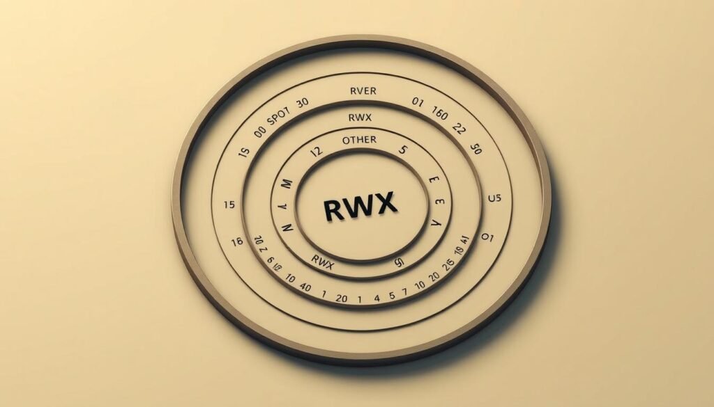 a detailed technical diagram illustrating the different file permission types in a linux operating system, rendered with a clean, minimalist aesthetic. the diagram shows the rwx (read, write, execute) permissions for user, group, and other, depicted as a series of concentric circles or columns. the visual elements are rendered in muted, earthy tones with a focus on clarity and legibility. the overall layout is balanced and symmetrical, with a neutral background that allows the technical information to take center stage. the scene is illuminated by soft, diffused lighting that casts subtle shadows, creating depth and dimension. the camera angle is positioned to provide an overhead, isometric view, giving the viewer a comprehensive understanding of the permission structure.