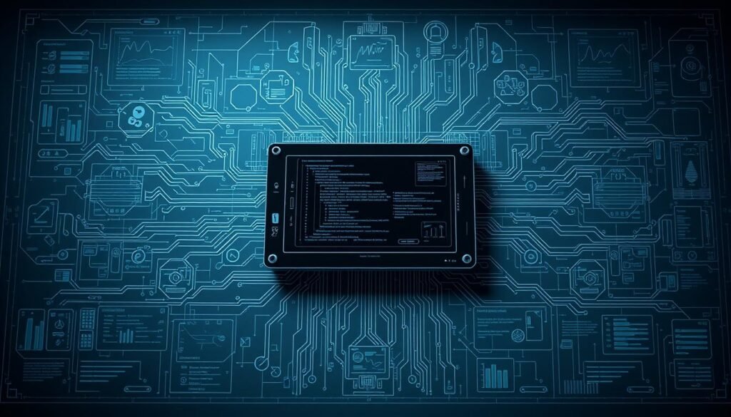 a detailed vulnerability assessment depicted as a complex digital blueprint, featuring a central control panel surrounded by intricate lines, algorithms, and data visualization elements. The layout suggests a comprehensive cybersecurity analysis, with a focused, technical atmosphere conveyed through muted tones, clean lines, and a minimalist aesthetic. Subtle lighting casts dramatic shadows, emphasizing the analytical nature of the assessment process. The overall image reflects the necessity of regular vulnerability evaluations to safeguard against browser-based attacks like drive-by downloads.